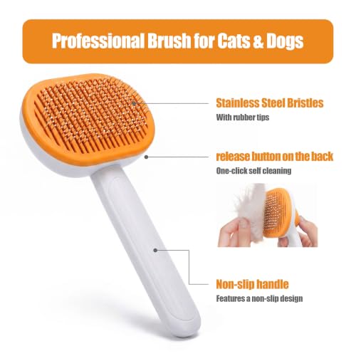 Self-cleaning pet grooming brush - gentle and skin-friendly, effectively removes loose undercoat from pets, suitable for cats, dogs, and other pets (orange)