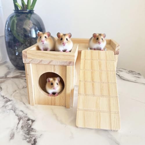 Wooden Hamster Hiding Place with Hamster Bowl Ladder and Detachable Platform, Suitable for Small Pets, Perfect for Hamsters, Rats, sandmice, mice and Other Small Animals