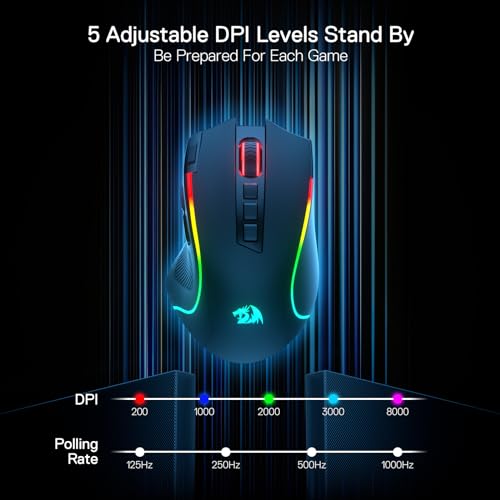 Redragon M612 Wireless RGB Optical Gaming Mouse 8000 DPI Remapping Keys | Cable-Free 0 Delay, Redefine Keybinding Macro, Vibing Backlight, Ergonomic Grip Body Comfort - color: Black, style: Wireless
