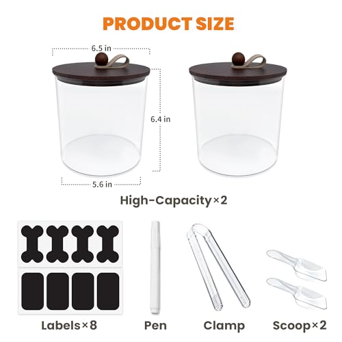 HOYTAMDAR 2 Pack Airtight Dog Treat Containers Bamboo Lids, Dog Treat Jars | Dog Food Storage Container with Scoops, Clamps, Labels and Marker, Dog & Cat Treat Holder - color: Brown - 2 Pack