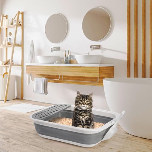 Tlence Collapsible Small Cat Litter Box, 17.7'' Open Foldable Kittens Potty with Scoop, Shallow Anti Splash Travel Cat Toilet, Semi Enclosed Height Adjustable Sides Litter Pan for Sick Frail Cat Grey
