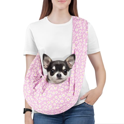 Pawaboo Small Dog Sling Carrier | Reversible Puppy Small Pet Carrier,Hands Free,Safety Buckle,Storage Pocket for Travel,Outdoor Activities Pink Daisy - color: P-Pink Daisy