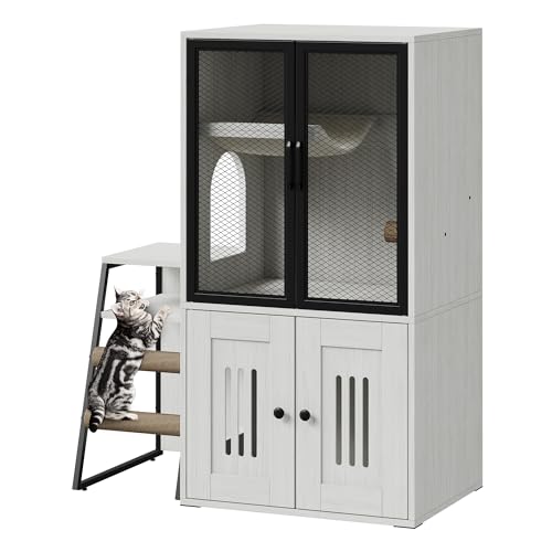 TrailBlaze Litter Box Enclosure with Platform, Double Layer Hidden Furniture, Modern Villa Cat Cabinet with Ladder, Hammock & Metal Mesh Door, Indoor Washroom Cat House-White - color: Retro White