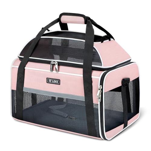 Lekereise Top-Expandable Pet Carrier 18x11x11Inch Delta American United Airline Approved Soft Sided Underseat to 15lbs Travel Carriers for Small Dogs Cats with Locking Safety Zippers Anti-Scratch Mesh - color: Pink