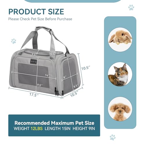 PETSFIT Cat Carrier, Grey, Small and Medium Cats Under 12 Lbs | Airline Approved, Soft Carrier, Soft Cat Travel Bag, Kitten Carrier with Extendable Mat - color: Grey, size: Medium