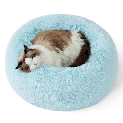 Bedsure Calming Cat Beds Donut Round Washable Kitten Bed,20 inches | Fluffy Faux Fur Cuddler,Anti-Slip Bottom,Anti-Anxiety,Deep Sleeping for Cats&Small Pets Up to 15 Lbs,Aqua Blue - color: Aqua Blue, size: 20"L x 20"W x 6"Th
