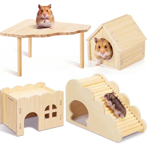 BreezeHug 4 Pcs Hamster Cage Accessories Hamster Platform Hideout Wooden Tunnel Ladder Playhouse Game Climbing Toy with Platform for Pets Dwarf Syrian Mice Degus Gerbils Squirrel(Wave House) - style: Wave House