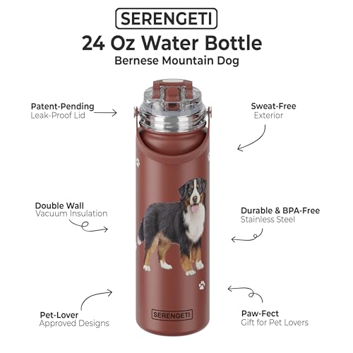 SERENGETI 24 Oz Water Bottle Stainless Steel with Spill Proof Lid - Double walled Vacuum Insulated water flask - Realistic 3D Print of your favorite dog (Bernese Mt. Dog) - color: Bernese Mt. Dog