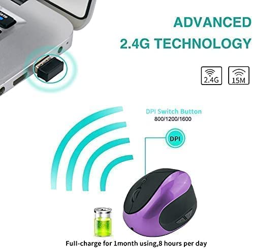 Ergonomic Vertical Mouse, Wireless 2.4G High Precision Rechargeable Ergonomic Mouse Optical Mice with Adjustable DPI 800/1200/1600, Reduce Wrist Strain, Specially for Small-handers Right-handers - color: Purple - Right hand- rechargeable