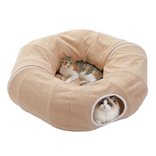 PEQULTI Cat Donut Tunnel with Bed for Indoor Cats, Cat Play Tunnel with Washable Soft Plush Mat, Round Tube Toys Cute Tube for Kittens, Puppies, Rabbits and Ferrets, Beige - color: New Beige