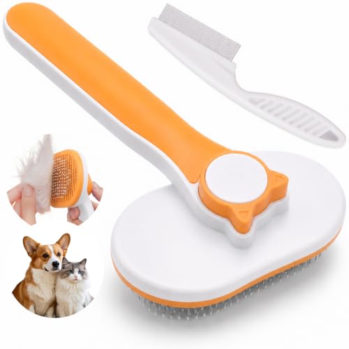 Self-cleaning pet grooming brush - gentle and skin-friendly, effectively removes loose undercoat from pets, suitable for cats, dogs, and other pets (orange)