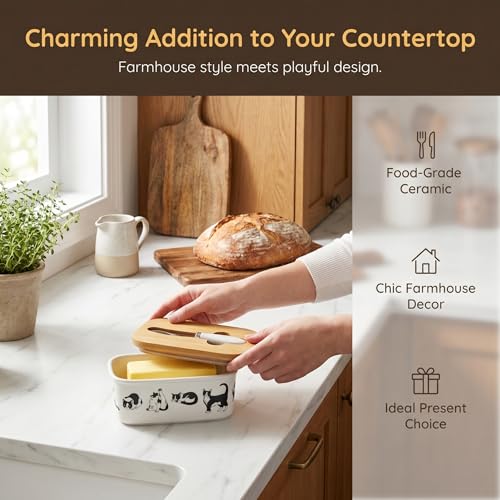 Cute Black White Cat Print Ceramic Butter Dish with Bamboo Lid & Butter Knife, Covered Butter Keeper Container Fits Standard Western Butter Stick for Kitchen Countertop Fridge Storage - color: Cute cat
