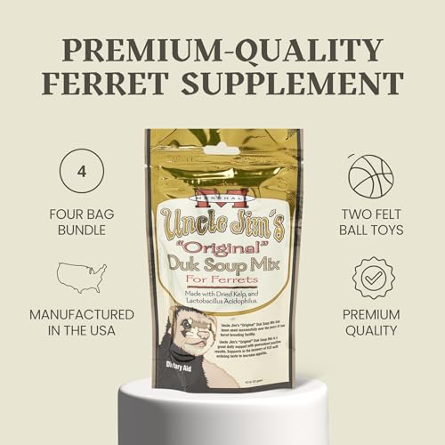 Marshall Uncle Jim’s DUK Soup Mix for Ferrets – 4.5 oz Each – Digestive Support, Recovery & Vitality Aid – Includes 2 Squeaky Toys for Enrichment & Fun – (Pack of 4)