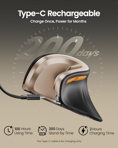 ProtoArc EM11 NL Wireless Ergonomic Mouse, Rechargeable, Black Gold | 58° vertical design supports a natural wrist posture, connect 3 devices via Bluetooth/2.4G USB-A, 500mAh USB-C rechargeable. - color: Black Gold