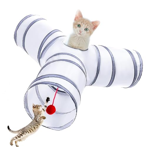 Cat Tunnel Tube Toys, 3 Ways Tunnels for Indoor Cats with Play Ball | Collapsible Pet Tube with Interactive Peephole Interactive Toy for Rabbits, Kittens, Ferrets, Puppy(White Gray) - color: 3 Way White Gray