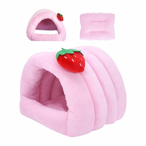 3 in 1 Guinea Pig Hideout Detachable, Warm Fleece Guinea Pig Bed Washable, Multipurpose Small Animal House Bed for Rabbit, Ferret, Hedgehog, Rat and Chinchilla Cage Accessories (Large, Pink) - size: Large