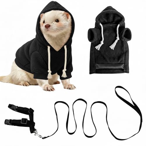 Ferret Clothes and Leash Set, Warm Hoodie Sweater with Harness and Leash for Outdoor Walking, Cozy Wear for Ferrets, Chinchillas, Small Pets, Adjustable Small Pet Outfits (Black) - color: Black