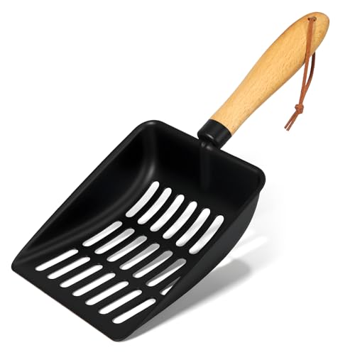 Cat Litter Scoop, Metal Litter Scoop, Short | Heavy Duty Metal Cat Scooper for Litter Box, Black Sifter Scoop for Pellets, Wooden Handle Scoop with Hole, Kitty Necessity - size: Cat Litter Scoop Short