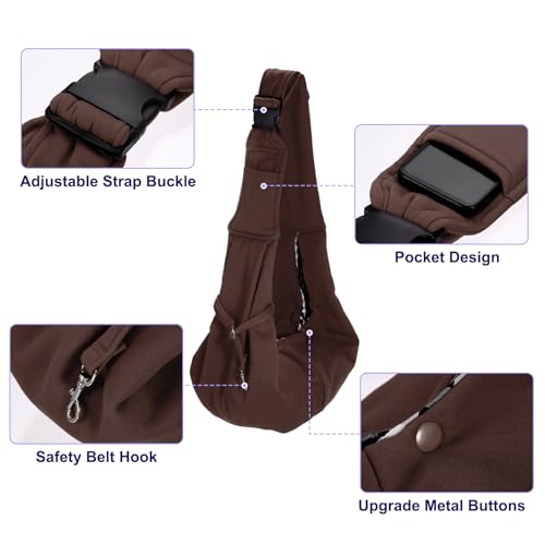 Dog and Cat Sling Carrier Up to 16.5 Lbs, Hand-Free Reversible Pet Sling Carrier with Adjustable Strap and Pocket, (Brown, 1 Pcs) Intended for Hiking/Camping/Traveling - color: Brown