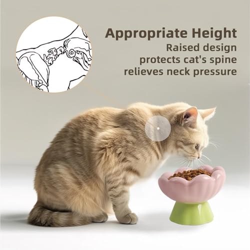 DIF DECO Ceramic Raised Cat Bowl, Pink Elevated Food Bowls for Food and Water Protecting Spine and Whiskelfriendly,Tulip Shape Cute Pet Feeder Dish for Indoor Cats and Small Doas(Height 4.1 inch) - size: Height 4.1 inch