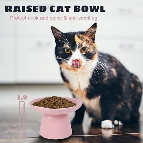 Extra Wide 6.1" Raised Cat Food Bowl, Shallow Ceramic Elevated Cat Feeder, Anti Vomiting, Stress Free, Whisker Fatigue, Pet Food or Water Bowl, Pink - color: Pink-Shallow