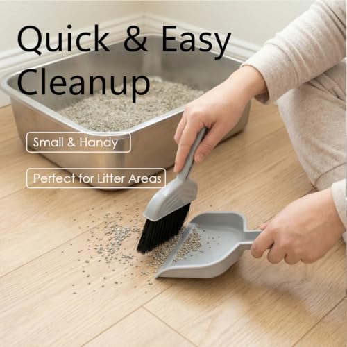 4-in-1 Cat Litter Scoop with Holder, Cat Litter Box Organizer Cleanup Kit - Portable Small Broom and Dustpan Set, Metal Kitty Litter Scooper and Storage Caddy (Gray) - color: #01 - Gray Handle