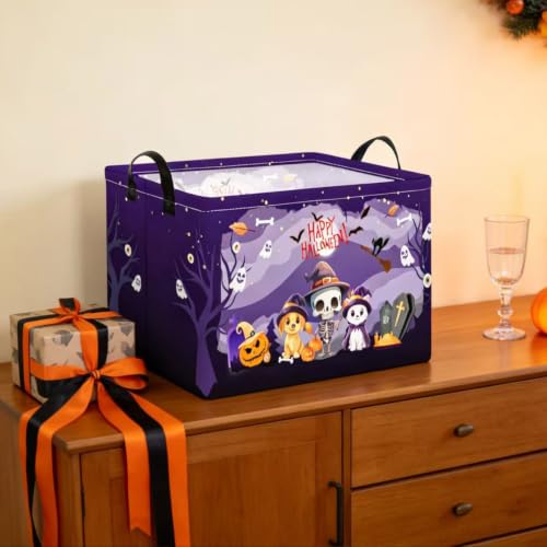 Purple Spooky Night Halloween Basket with Kitten Puppy Ghost Prints,Trick or Treat Storage basket for Gifts and Party Stuffers(Kitten Puppy Skeleton) - color: Kitten Puppy Skeleton