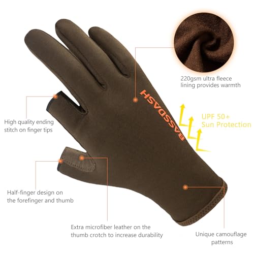 BASSDASH Unisex Fingerless Fleece Liner Camo Hunting Gloves for Cold Weather UPF 50+ Lightweight Fishing Photography HG06 - color: Brown, size: Medium