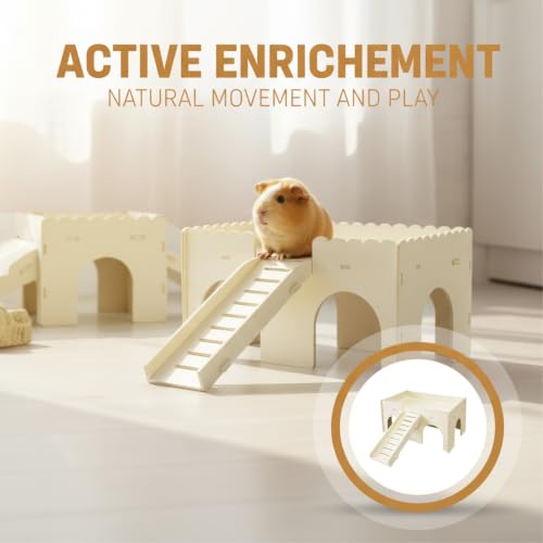 Wooden Guinea Pig House, 2-Tier Hamster Hideout with Anti-Slip Ramp, Large Small Animal House Habitat for Bunny Chinchilla Dwarf Rabbit, Tool-Free Assembly Climbing Toy Castle