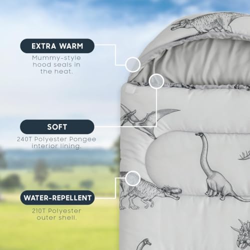 Wake In Cloud - Kids Sleeping Bag for Boys Toddlers, Camping in Warm Cold Weather, Backpacking Lightweight Compact Outdoor Liner for 3 Seasons, Dinosaur Sketch - color: Light Gray