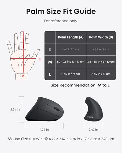 Anker 2.4G Wireless Ergonomic Mouse, Right Hand Vertical Mouse USB Receiver | Multi-Device Connectivity, 800/1200/1600 DPI, Wireless Mouse for Laptop, Desktop, PC, 5 Buttons, Black (Batteries Required)