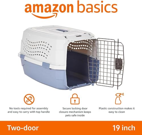 Amazon Basics 2-Door Top-Load Hard-Sided Pet Travel Carrier for Cats and Small Dogs, 19" L x 12.6" W x 10" H, Gray & Blue - color: Gray & Blue, size: 19.0"L x 12.6"W x 10.0"H