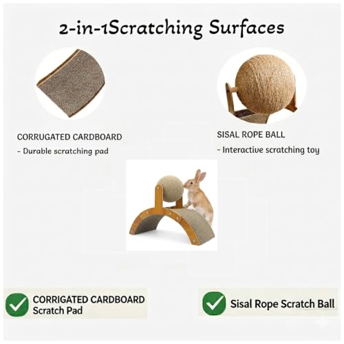 2-in-1 Rabbit Scratching Toy - Natural Sisal Ball & Corrugated Cardboard Pad Bunny Claw Scratcher, Stable Wood Arch Bridge Interactive Toys for Rabbits, Kittens, Ferrets, Chinchillas