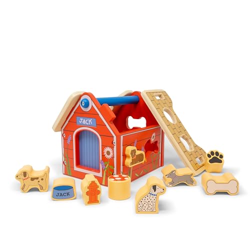 Jack Rabbit Creations Dog House Sorter - Wooden Montessori Toy - 18+ Months | 10 Puppy Pieces, 6.5 x 6.5 x 5.5 in, Red Finish, Ages 18-60, Medium Size, Skill Building Playset