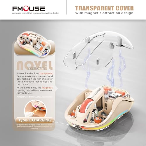 FMOUSE Transparent Wireless Mouse, Tri-Mode Bluetooth & 2.4GHz, Cream | USB-A & USB-C Receiver | Rechargeable | 3 Devices for MacBook Laptop iPad PC | Silent Clicks | Portable | RGB | 4-Level DPI - color: Cream