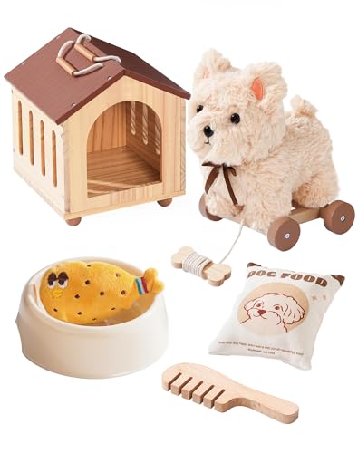 ROBOTIME Pull Dog Toy for Toddlers, Puppy Pet Care Pretend Play Set with Stuffed Animal, Dog House & Accessories, Walking Pull Along Toy, Educational Plush Gift for Boys and Girls