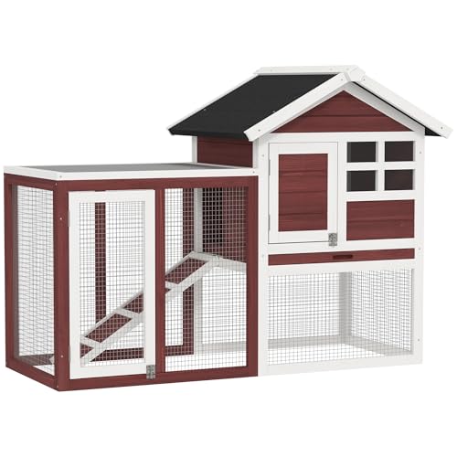 PawHut 49" Wooden Rabbit Hutch Bunny Cage with Fun Outdoor Run Brown | Waterproof Asphalt Roof, Removable Tray and Ramp, for Rabbits, Chickens, Ducks - color: Brown and White