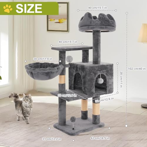 Cat Tree Tower with Hammock,40" Cat Trees for Indoor Cats Large Adult(Grey) | Modern Cat Tree Tower with Scratching Post, Cats Condo Furniture with Cloud Top Perch, Cats Climbing Tower for Kittens - color: Grey