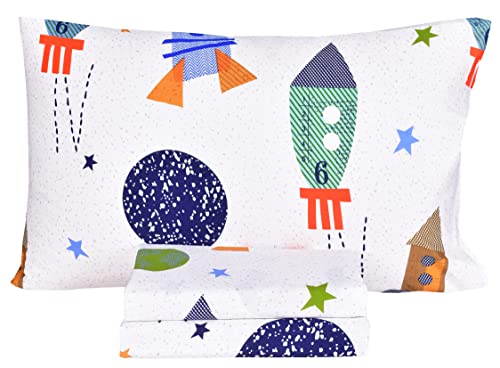 Scientific Sleep Outer Space Airship Rocket Star Explore Teen Boys Girls Cotton Cotton Twin Bed Sheet Set, Flat Sheet & Fitted Sheet & Pillowcase Bedding Set (Space, Twin) - color: Space, size: Twin
