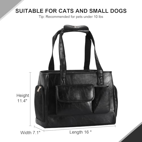 Dog Carrier Purse, Fashion Leather Pet Carrier Bag, Airline Approved Soft Sided Cat Travel Tote Bag with Pockets Black - color: Black