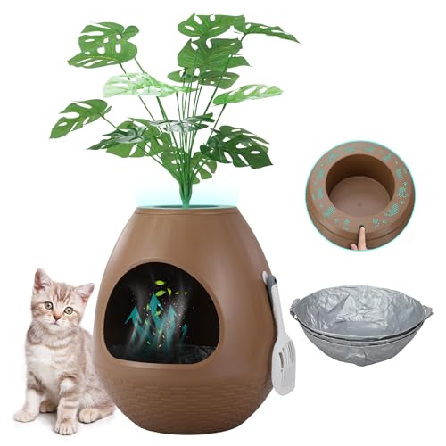 Eggloa6 Hidden Cat Litter Box with Artificial Plants ＆ Odor Removal System, Egg-Shaped Enclosure Includes Scoop ＆3PCS Liners Secret, Discreet Furniture, DIY Assembly Cat Litter Box Cabinet (Brown) - color: Brown