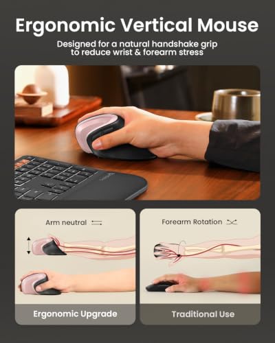 ProtoArc EM11 NL Wireless Ergonomic Mouse, Rechargeable, Black Pink | 58° vertical design supports a natural wrist posture, connect 3 devices via Bluetooth/2.4G USB-A, 500mAh USB-C rechargeable. - color: Black Pink