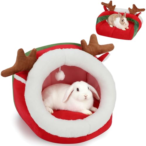 YUEPET Christmas Pet Bed, Reindeer Cave, Bunny Hideout, Guinea Pig Hideout | Semi-Closed Reindeer Cave, Warm Plush Fabric, Removable Cushion, Washable Bed, Anti-Slip Base, Size S, 13.8 in