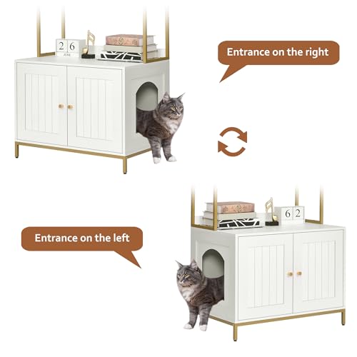 Homhedy Cat Litter Box Enclosure with 2-Tier Shelves, White and Gold | Litter Box Furniture Hidden, Indoor Cat House, Wooden Cat Washroom Furniture with Metal Frame, Modern Style - color: White and Gold