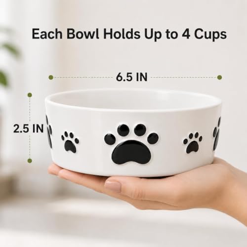 Ceramic Dog Bowls Set, 6.5''×2.5'', with Anti-Slip Rings, 3 Cups Capacity - size: 6.5 in