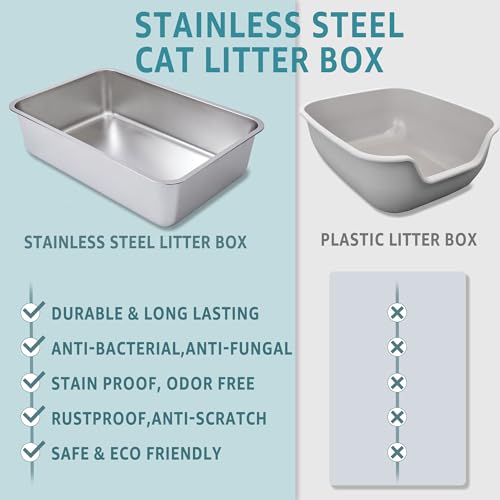 Stainless Steel Litter Box 2 Pack,XL Metal Litter Box for Big Cats | High Sided Litter Box Adult Big Cats,Cat LitterBox Metal Pet Toilet Easy to Clean,Non Stick, No Smell,23.6"x15.8"x6" - color: 2pcs - 23.6" L x 15.7" W x 6" H