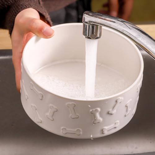 UBEE Ceramic Dog Bowl Set of 2, Dog Food Bowl Dish, Pet Food Water Dish Feeding for Small and Meidum Dogs and Large Cat, White, Bone Pattern, 6.1 in-Medium - size: 6.1 in-Medium