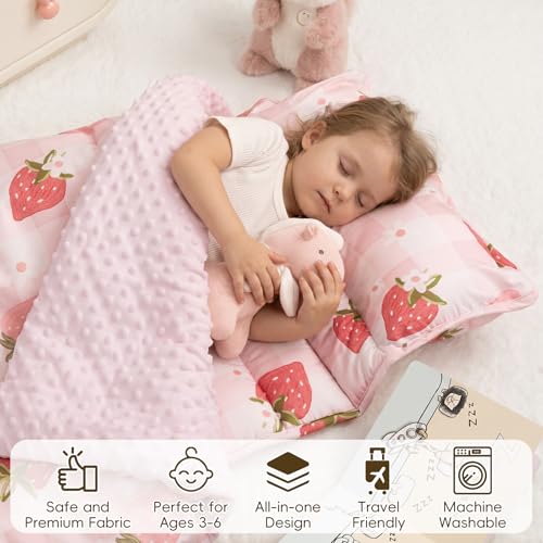 david's kids Minky Toddler Nap Mat with Pillow and Minky Fleece Blanket, 55"x23",Ultra Soft Slumber Bags for Kids, Perfect for Preschool, Daycare, Kids Sleeping Bags with Rollup Design, Strawberry - color: Strawberry