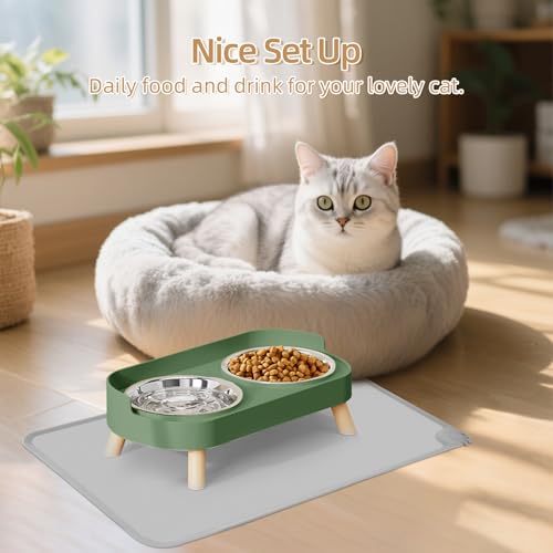 Elevated Cat Bowl with Food Mat, Raised Cat Food and Water Bowl Set for Indoor Cats, Splash Proof with 2 Stainless Steel Pet Food Bowls for Cats and Puppies,Whisker Fatigue and Dishwasher Safe (Green) - color: Cat Bowls with mat - green