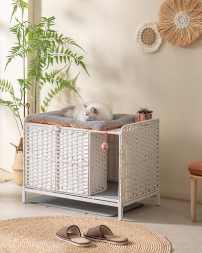 SETVSON Cat Litter Box Enclosure Furniture with Divider, Hidden House White | Handwoven PE Rattan with Washable Mat, 3.54-In Heightened Metal Feet, 31.2 x 19.6 x 24.2 Inches Spacious Cabinet - color: White